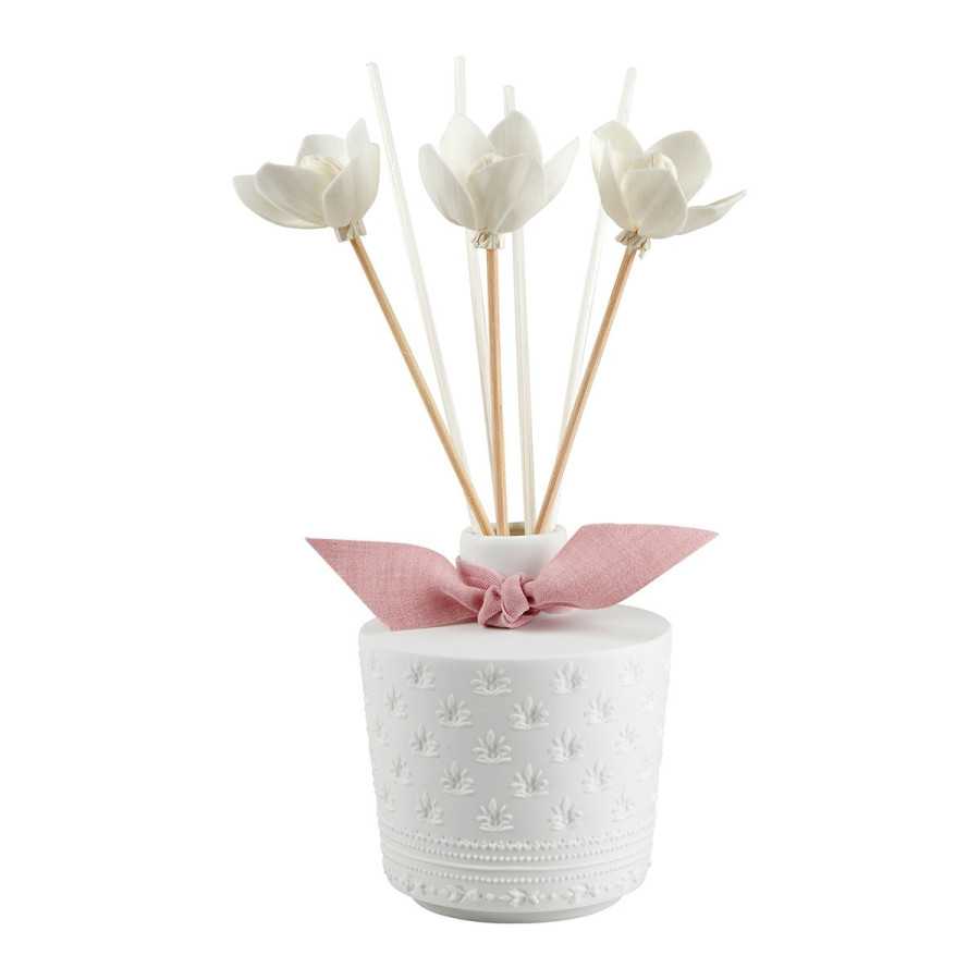 INTERIEUR-DECORATION|Palazzo Bello Difusor de Fragancias para el Hogar 200 ml MarquiseMATHILDE MDifusor interiorDéjate seducir por el encanto y la poesía del difusor de perfume Palazzo Bello. Te deleitará con su diseño refinado y su deliciosa fragancia Marquise, un aroma irresistiblemente sensual que combina notas amaderadas y especiadas con la dulzura de la vainilla y los almizcles.Este set contiene:Un difusor de fragancia de galleta de porcelana Una recarga para Difusor de fragancias para el hogar Marquise 200 ml 4 varillas de ratán blanco de 25 cm 3 tallos florales de ratán y yuca de 23 cm 